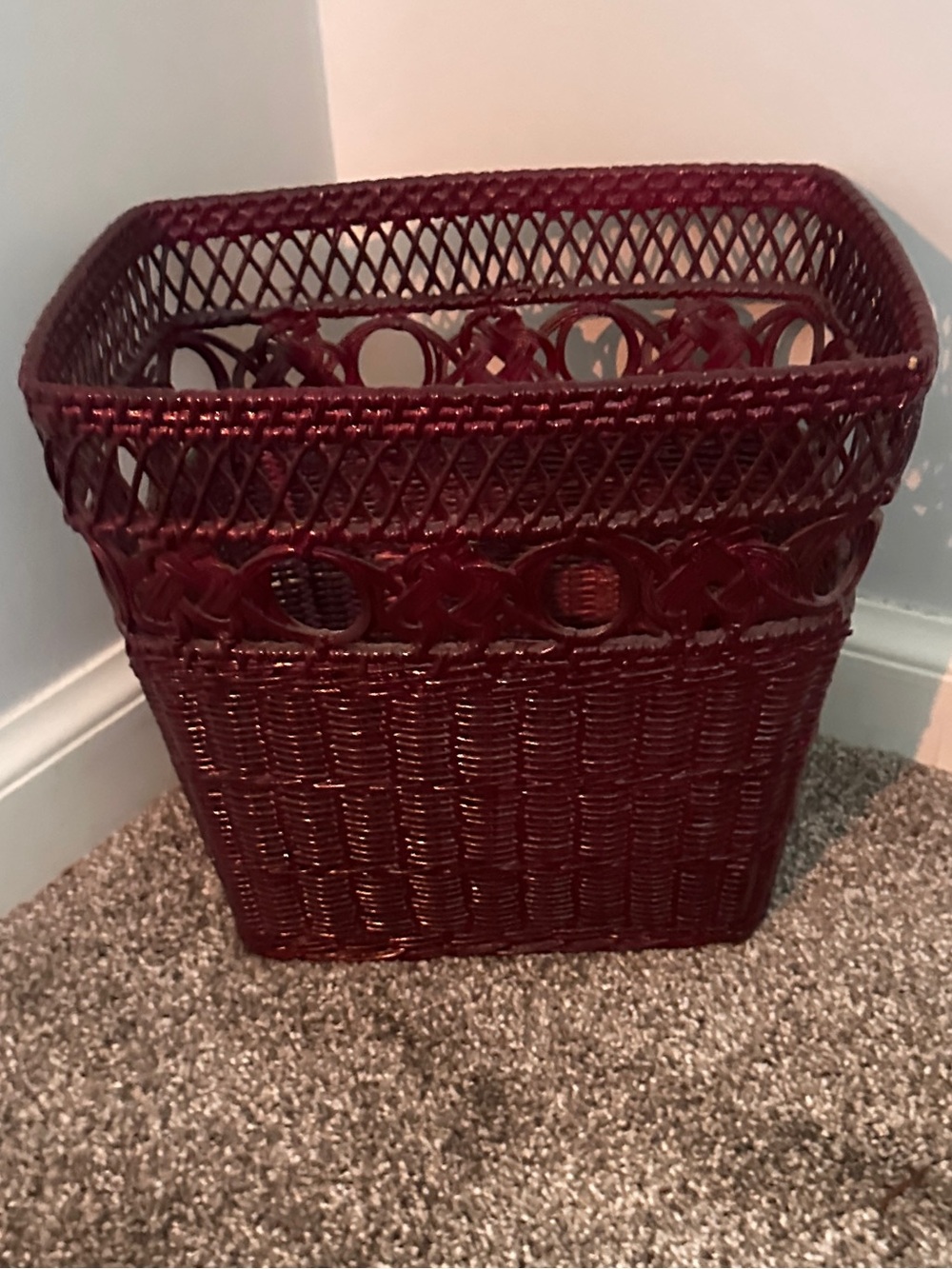 Vintage wicker burgundy waste basket